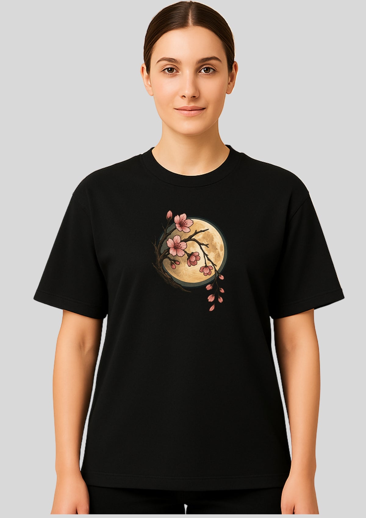 Oversized Japanese Blossom Woman DTF Printed T-Shirt for Women – Terry Cotton, Both-Side Print
