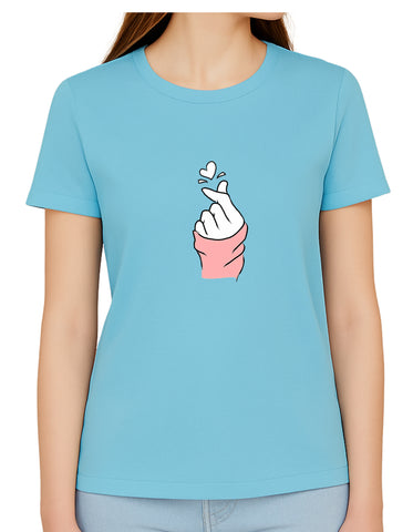 Korean Finger Heart DTF Printed Women’s T-Shirt – Terry Cotton, Regular Fit