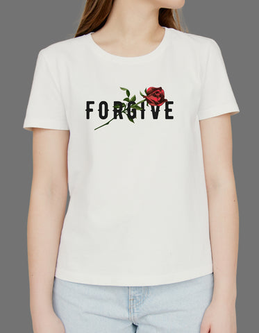 FORGIVE Rose Typography DTF Printed Unisex T-Shirt – Terry Cotton, Regular Fit